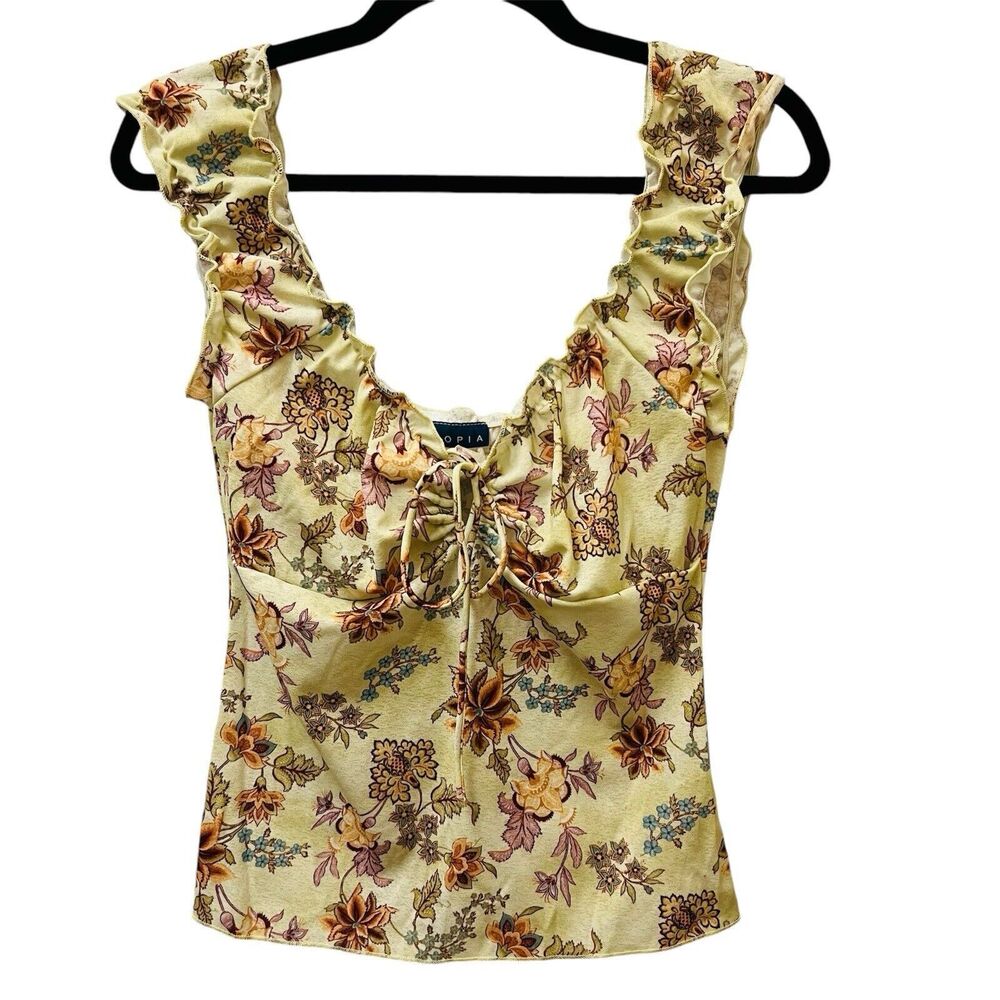 Topia Y2K Floral Tie Front Ruffle Strap Tank Medium